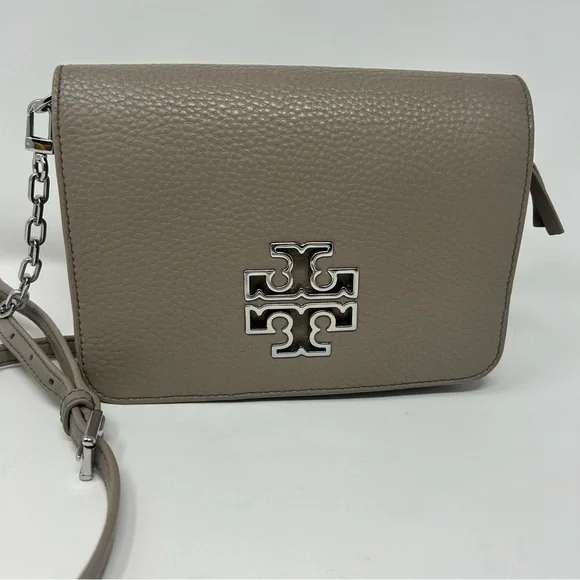 Tory Burch Britten Combo Crossbody Shoulder Bag Taupe Leather Silver Hardware - Picture 1 of 14